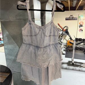 American Eagle Denim Tie Strap Blue Tiered Denim Dress